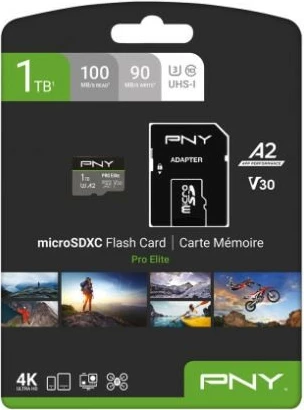 Kartë memorie microSDXC, PNY Pro Elite, P-SDU1TBV32100PRO-GE, 1TB, UHS-I A2 U3 V30, lexim 100MB/s shkrim 90MB/s, me adapter SD