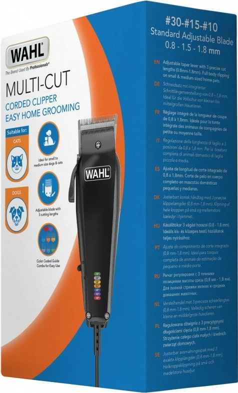 Makinë qethëse për qen, Wahl Multicut 3027683, me kabllo, teh 40 mm, levë 0.8–1.8 mm, 7200 rpm, set 7 krehra, shumëngjyrëshe