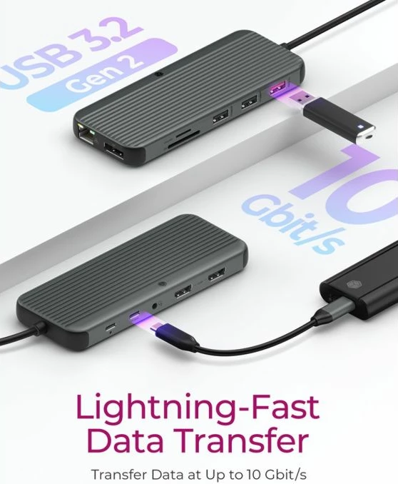 Stacion dokimi USB-C ICYBOX IB-DK4060-CPD, 12-në-1, triple video (2x HDMI + DP), deri 8K@30Hz, 10Gbps, PD 100W, LAN Gigabit, lexues SD/microSD, anthracite