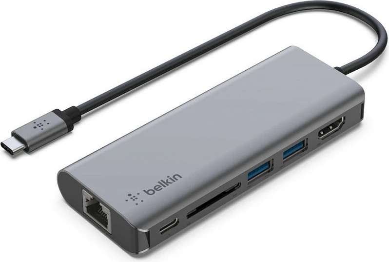 Adapter multiport Belkin AVC008BTSGY, USB-C, 100W, HDMI, RJ-45, SD, 2x USB-A, 1x USB-C, zi/gri