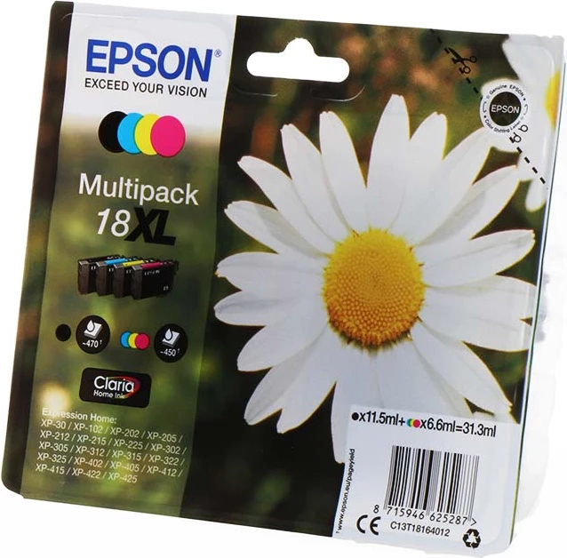 Bojë printeri, Epson, 18XL C13T18164012, 33 ml rendiment 1820 faqe, e zezë/cian/magenta/e verdhë, set multipack XL