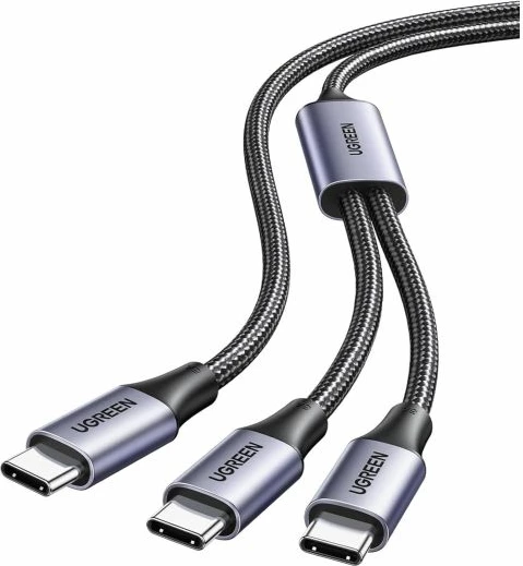 kablë karikimi USB-C 2-në-1 UGREEN 35087, 100W PD, ndarës Y me 2 dalje USB-C, e thurur nylon, gri e errët