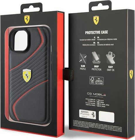 Mbështjellës Ferrari FEHCP15SPTWK për iPhone 15 6.1", Twist Metal Logo, i zi