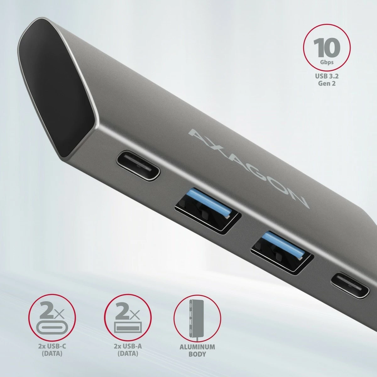 Hub USB AXAGON HMC-4G2, 4 porta (2x USB-A, 2x USB-C), USB 3.2 Gen 2, kabllo USB-C 13cm, zi/gri