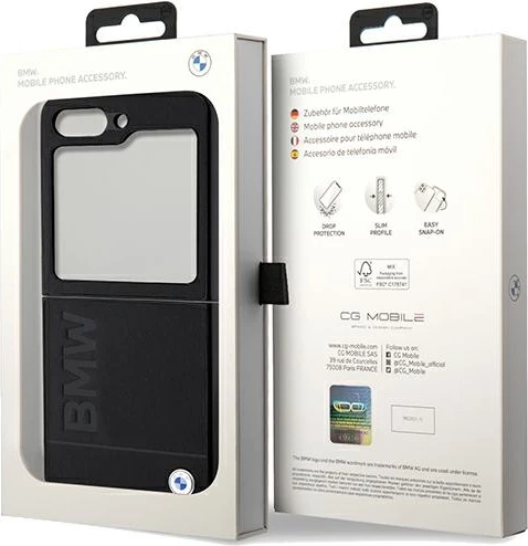 Mbështjellës BMW Leather Hot Stamp për Samsung Galaxy Z Flip 5, i zi