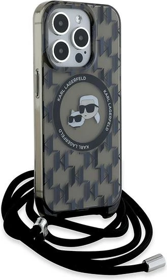 Mbështjellës Karl Lagerfeld IML Crossbody Monogram Karl & Choupette Head MagSafe për iPhone 15 Pro, Zi