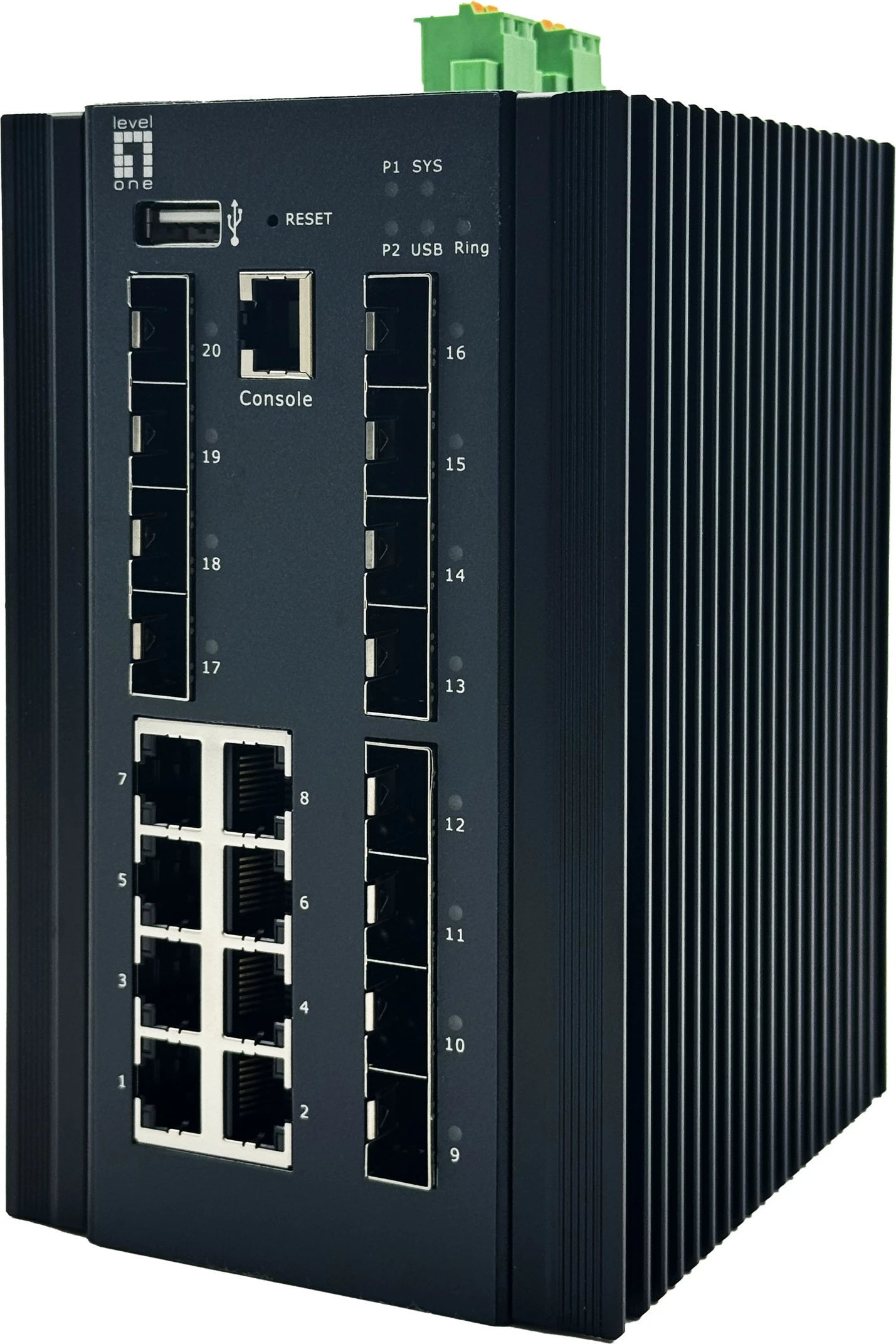 Switch industrial LevelOne IGU-2072, 20 porta, L2 Plus, 8x RJ45, 8x SFP, 4x SFP 2.5GbE, DIN-Rail, i zi