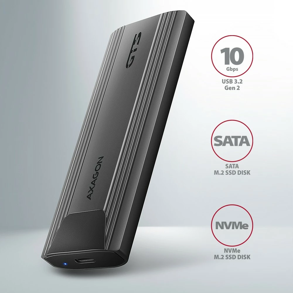 Kasë e jashtme AXAGON EEM2-GTS2 për SSD M.2 NVMe & SATA, USB-C 3.2 Gen 2, e zezë