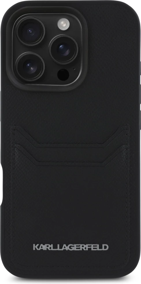 Mbështjellës Karl Lagerfeld HC Grained PU Cardslot Metal Elong për iPhone 16 Pro, i zi