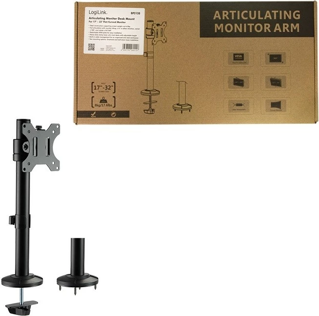 Mbajtës monitori për tavolinë, LogiLink BP0108, 17-32 inch, çelik, VESA 75x75/100x100, ngarkesë 8 kg, i zi