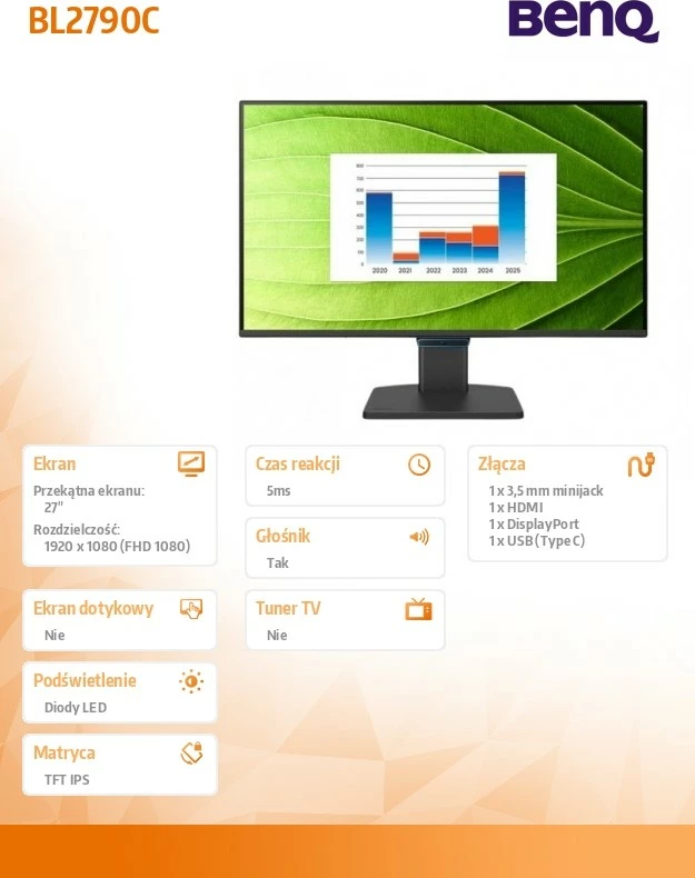 Monitor BenQ BL2790C 27" IPS FHD 144Hz 5ms me altoparlantë USB‑C/HDMI/DP me kabllo HDMI zi