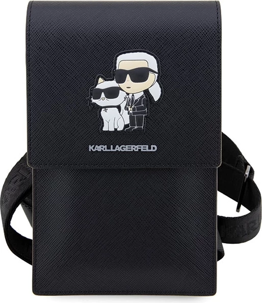 Çantë për telefon Karl Lagerfeld Saffiano Karl & Choupette, e zezë