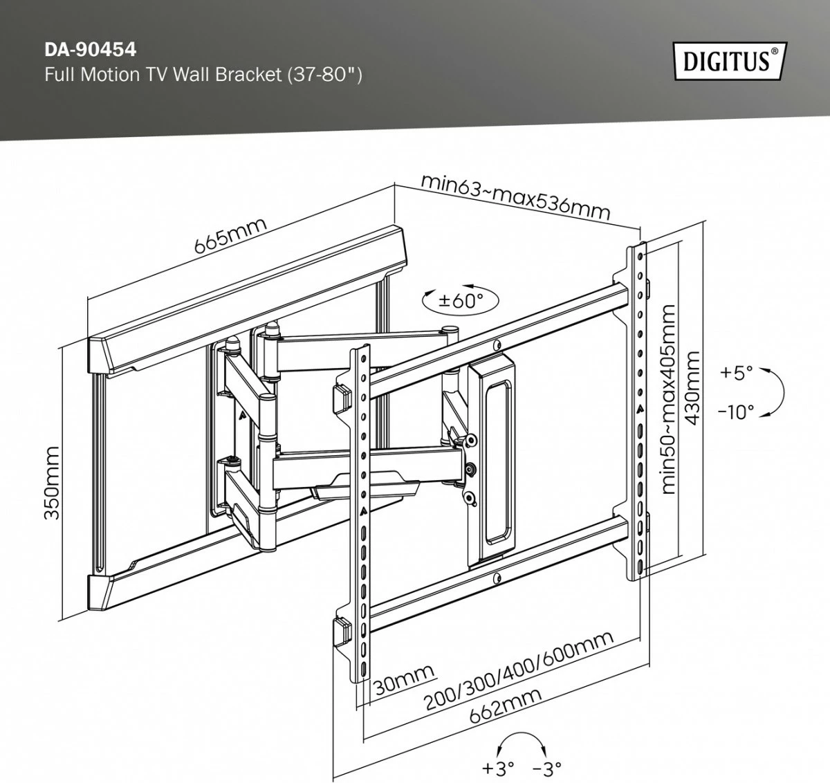 Mbajtëse muri për TV Digitus DA-90454, për ekrane 37-80 inç, ngarkesë maksimale 60kg, VESA 600x400, e zezë mat