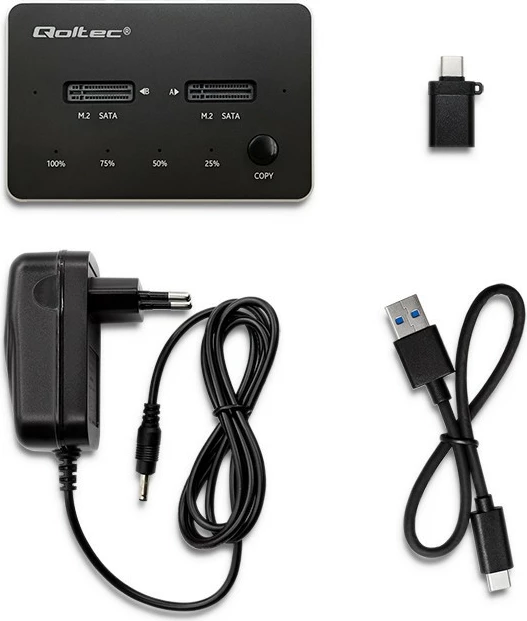 Kasë docking Qoltec 50310 për 2x SSD M.2 SATA NGFF, USB Type C, e zezë
