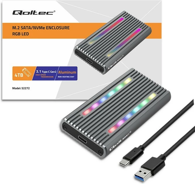 Kasë Qoltec 52272 për SSD M.2 NVMe/SATA, USB-C, 4TB, Gri me RGB LED