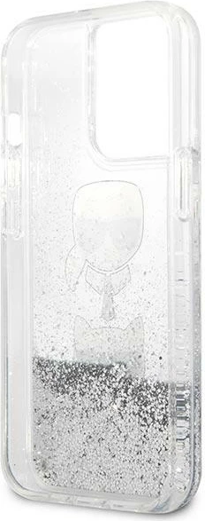 Mbështjellës Karl Lagerfeld KLHCP13XKICGLS për iPhone 13 Pro Max 6.7", hardcase, argjendtë, Liquid Glitter Karl & Choupette Head