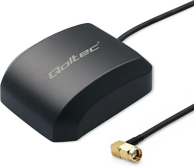 Antenë GPS/GLONASS omnidireksionale Qoltec 57056 28.3 dBi 50Ω 50W SMA këndore bazë magnetike e jashtme, e zezë