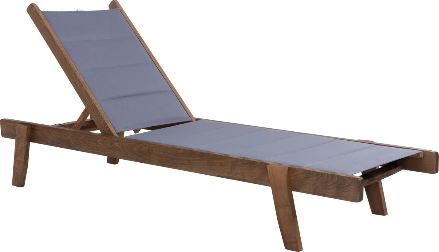 Shezlong plazhi profesional MILOS, dru ahu, ngjyrë arre, mbulesë jastëku tekstilene gri, 204x65x92,5H cm