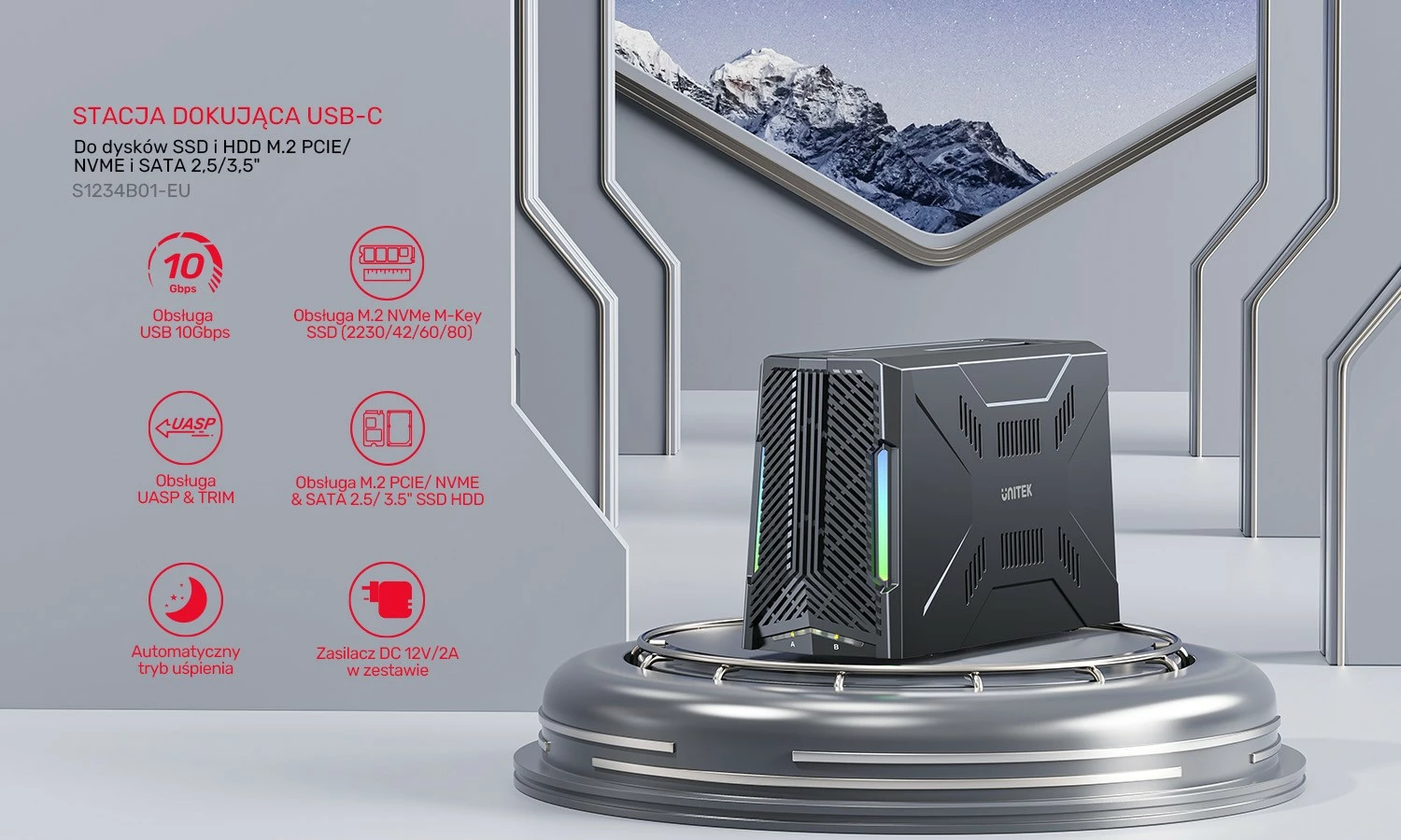 Kasë dokimi Unitek S1243BGY01-EU për 4x M.2 SSD, USB 4, e zezë