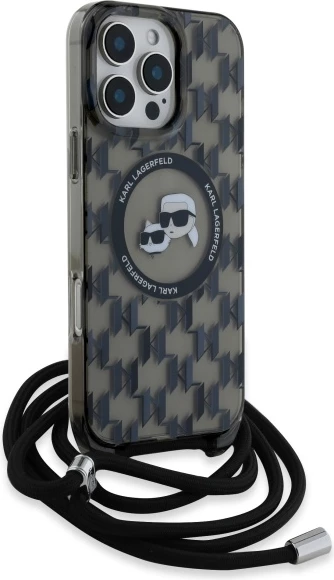 Mbështjellës Karl Lagerfeld IML Crossbody Monogram Karl & Choupette Head MagSafe për iPhone 16 Pro, Zi