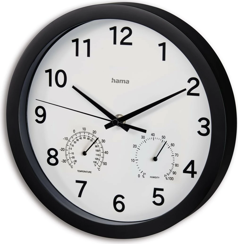 Orë muri Hama Malta, 25cm, analog, me termometër dhe higrometër, e zezë