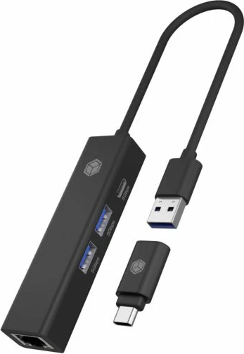 Hub USB ICYBOX IB-HUB1439-LAN 4-port, USB 3.2 Gen 1, Gigabit Ethernet RJ-45, lidhje host USB-A/USB-C, me adapter USB-A në USB-C, i zi
