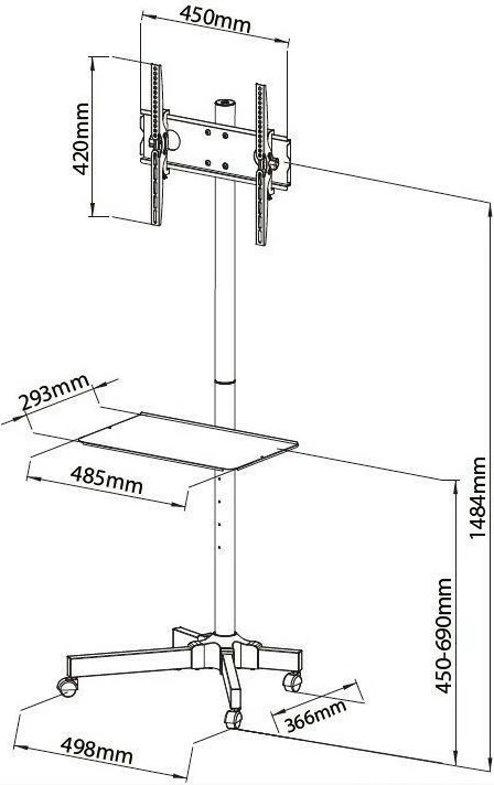Qëndrim mobil për TV/monitor Techly 100730, 23-55 inç, me raft, i zi