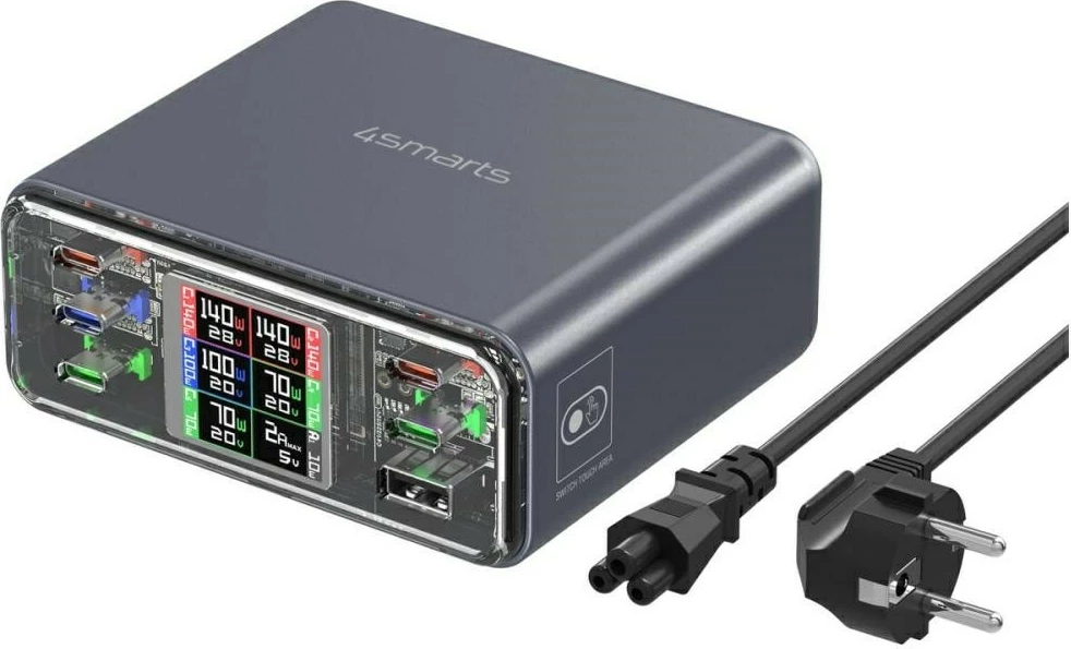 Stacion karikimi desktop, 4smarts Lucid GaN DIY 360W (MPN 4SM000027), 5x USB-C + 1x USB-A, PD 3.1/QC 3.0, ekran LED, gri