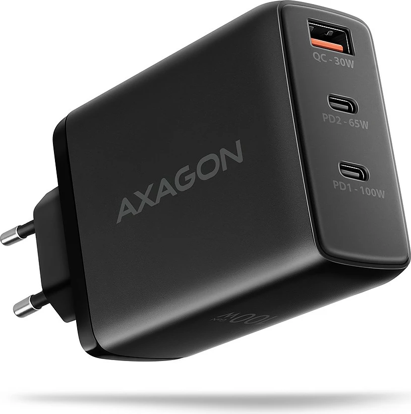 Karikues udhëtimi AXAGON ACU-DPQ100, 100W, 3 porta (USB-A + 2x USB-C), GaN, i zi