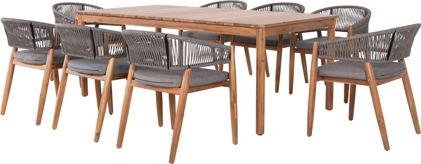 Tavolinë me karrige për terasë 9 copë NAVANT FH21066.01, dru akacie, litar gri