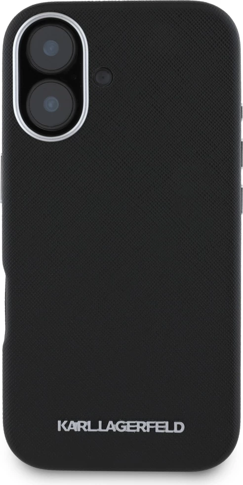 Mbështjellës Karl Lagerfeld Saffiano Full Wrapped Elongated Metal Logo MagSafe për iPhone 16, i zi