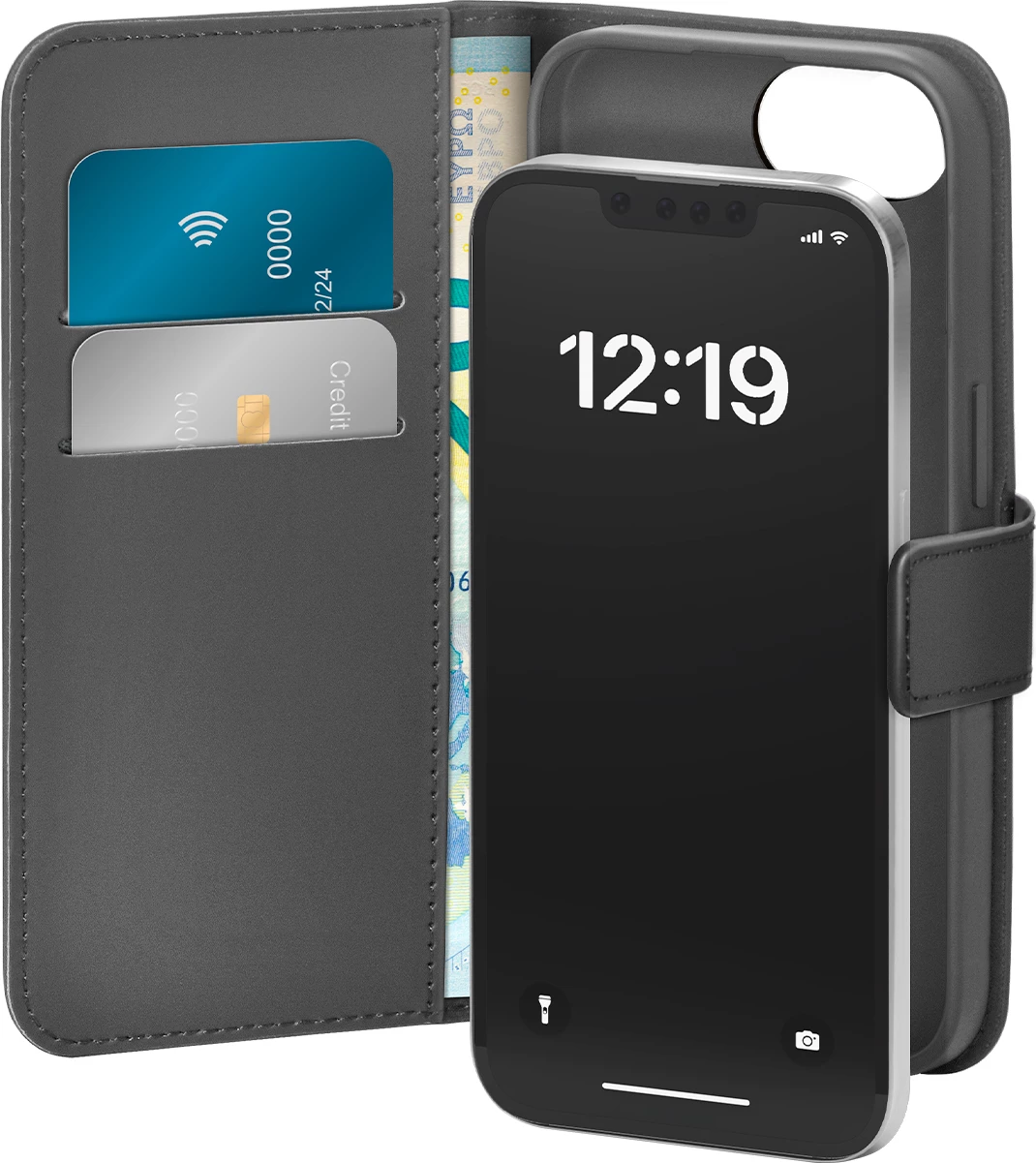 Mbështjellës Puro Booklet për iPhone 16e, eco-leather, me mbajtëse kartelash dhe qëndrim horizontal, e zezë