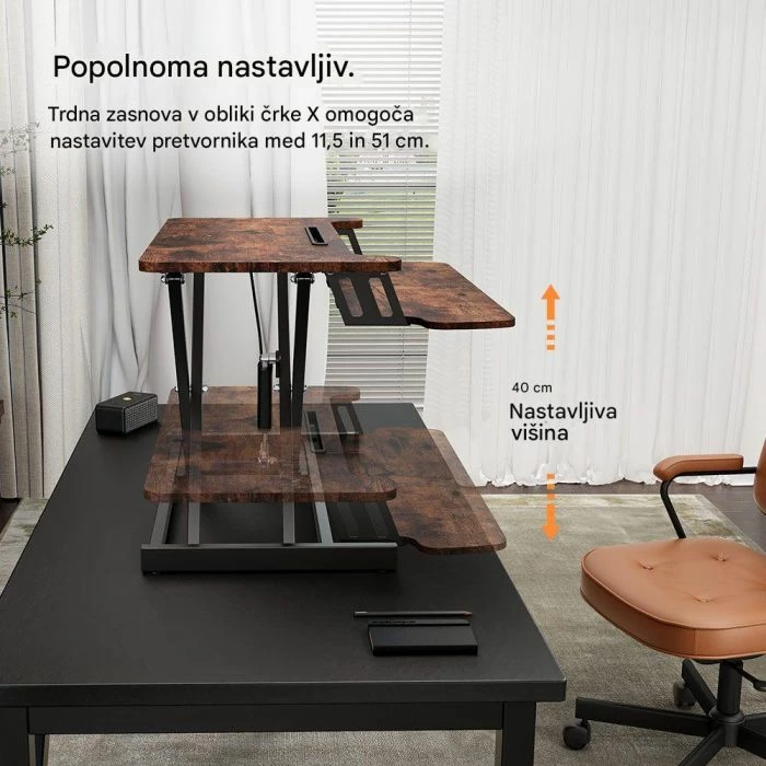 Konvertues tavoline sit-stand VONHAUS 3000916 80x40cm lartësi 11.5-51cm, dru i errët