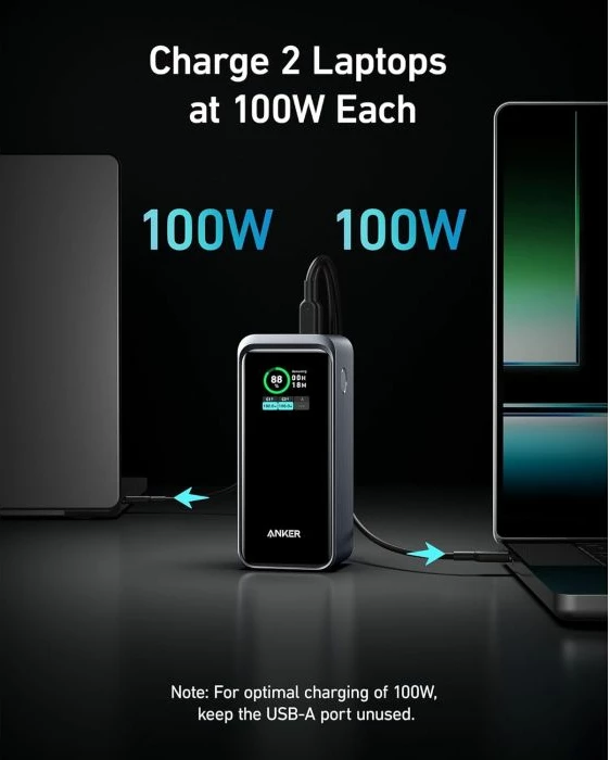 Powerbank Anker Prime 20000mAh 200W, 2x USB-C + 1x USB-A, set me kabllo USB-C në USB-C 0.6m + çantë udhëtimi, e zez/gri
