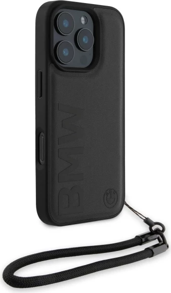Mbështjellës BMW Signature Leather Wordmark Cord për iPhone 16 Pro Max, Lëkurë, Zi