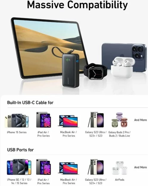 Power bank Anker 545 Nano 10000mAh 30W me kabllo USB-C të integrume, i zi