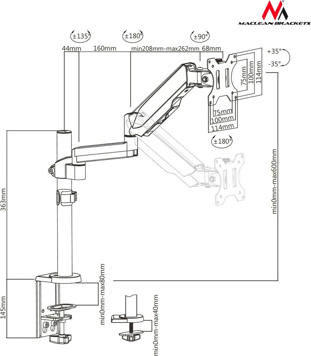 Mbajtës monitori Maclean MC-775 me krah me gaz, 17-32", i zi