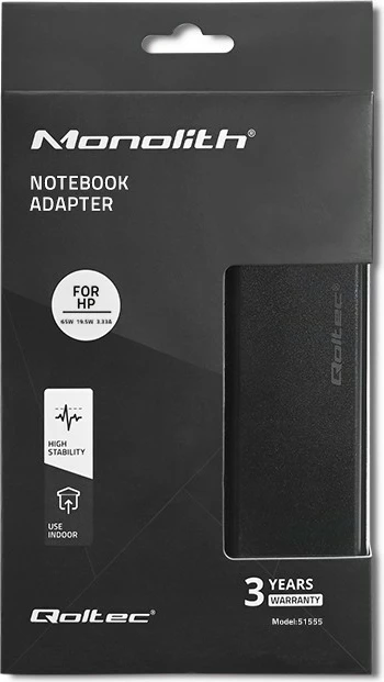 Adapter rryme për laptop Qoltec 51555, 65W, 19.5V, 3.33A, 4.5x3.0 mm, i zi