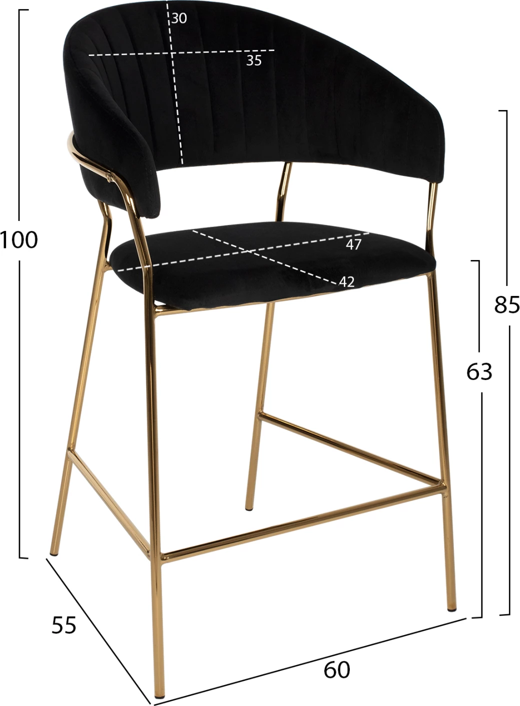 Karrige për bar THEODORE, FH8734.04, kadife e zezë, kornizë metali e artë, 60x55x100H cm., set prej 2 copë