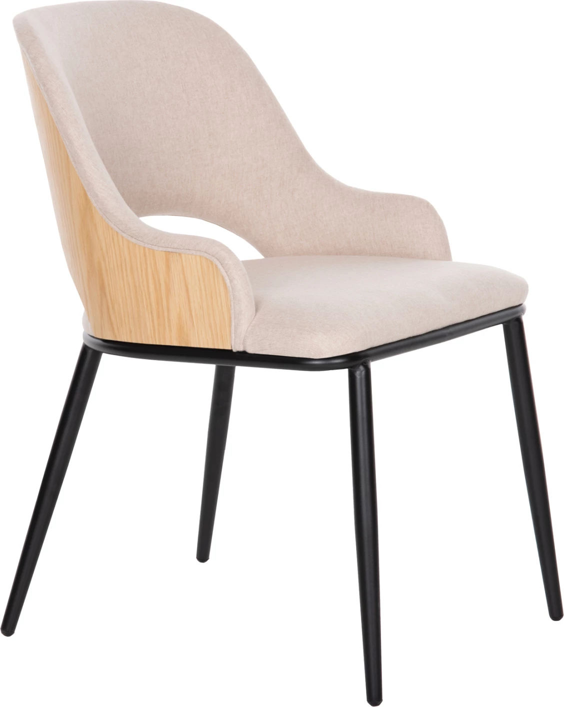 Karrige ngrënieje DELF FH9617.02, pëlhurë bezhë, këmbë metali të zeza, shpinë druri ngjyrë lisi, 48x55x76 cm, set prej 2 copë