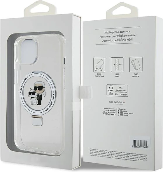 Mbështjellës Karl Lagerfeld KLHMP15SHMRSKCH për iPhone 15/14/13 6.1", me Ring Stand, MagSafe, Bardhë