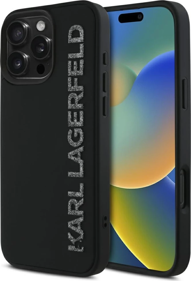 Mbështjellës, Karl Lagerfeld HC 3D Rubber Elongated Glitter, për iPhone 16 Pro Max 6.9\", hardcase TPU/silikon, e zezë