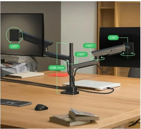 Mbajtëse tavoline për 2 monitorë ICYBOX IB-MS702-T, gas spring, deri 57\" / 27 kg, VESA 75x75 & 100x100, e zezë