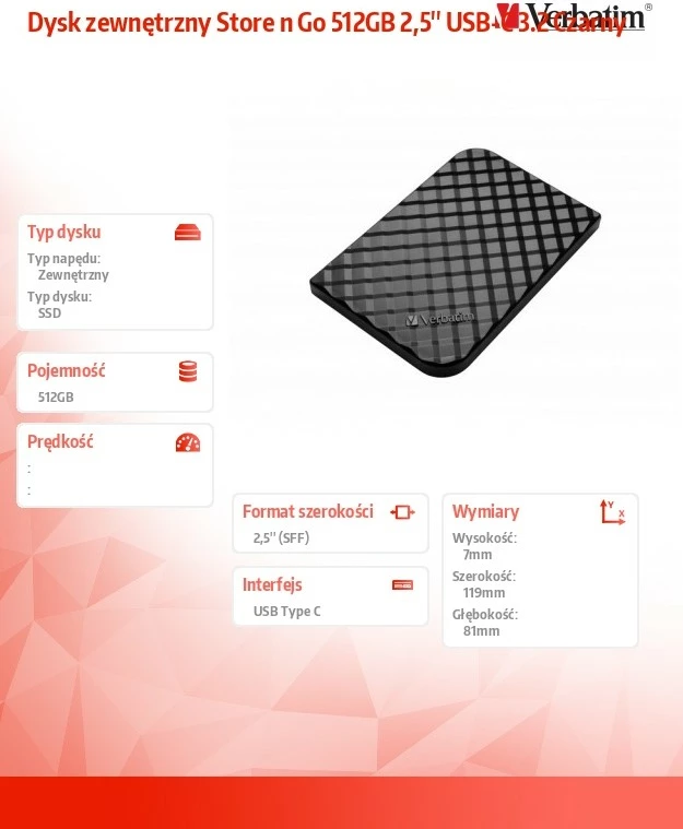 Disk i jashtëm SSD, Verbatim Store 'n' Go 53250, 512GB, 2.5'', USB-C 3.2, zi