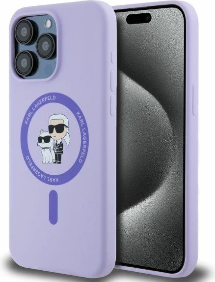 Mbështjellës silikoni Karl Lagerfeld Karl&Choupette Heads me MagSafe për iPhone 15 Pro Max, vjollcë