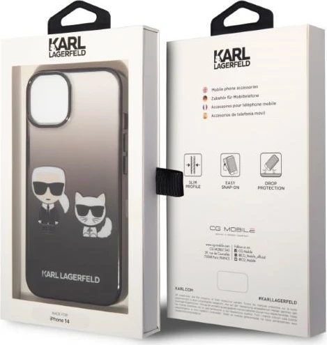 Mbështjellës Karl Lagerfeld KLHCP14STGKCK për iPhone 14, 6.1", Ikonik Karl & Choupette, i zi
