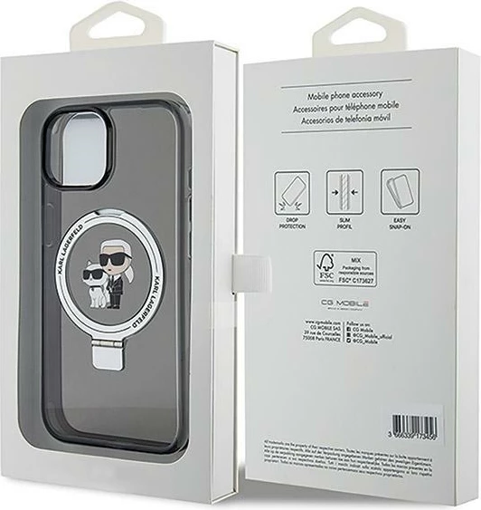 Mbështjellës Karl Lagerfeld KLHMP15SHMRSKCK për iPhone 15 6.1", me unazë Ring Stand, MagSafe, e zezë