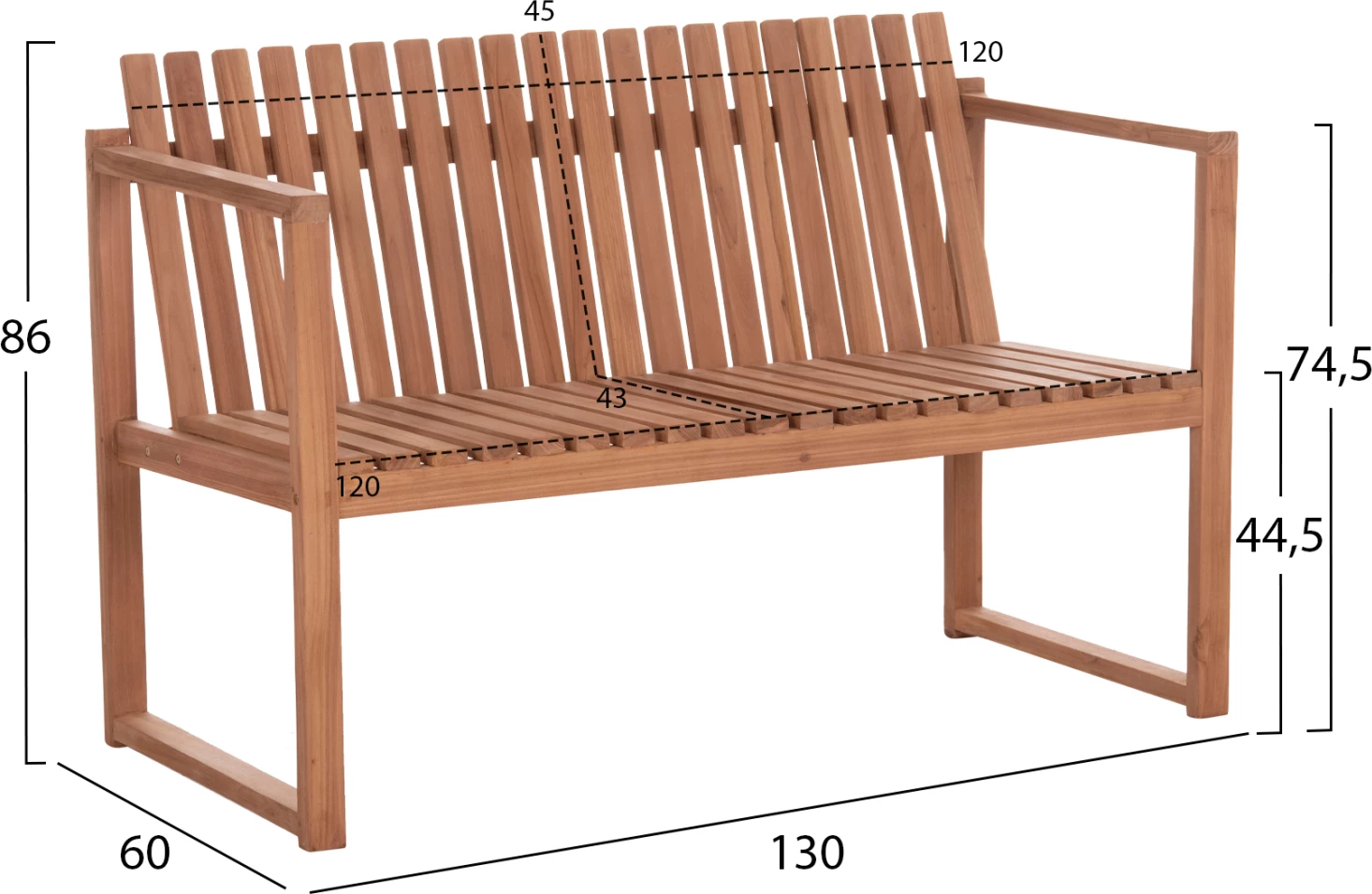 Bankë për jashtë, 2 vende, dru tik, ngjyrë natyrale, VED FH18124, 130x60x86cm