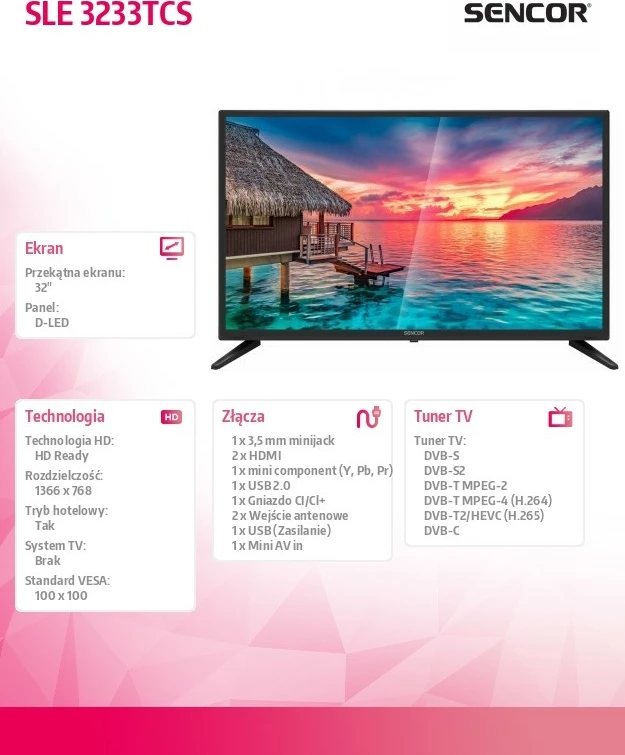 Televizor Sencor SLE 3233TCS 32" HD Ready D-LED 60Hz DVB-T/T2/C/S/S2 CI+ PVR