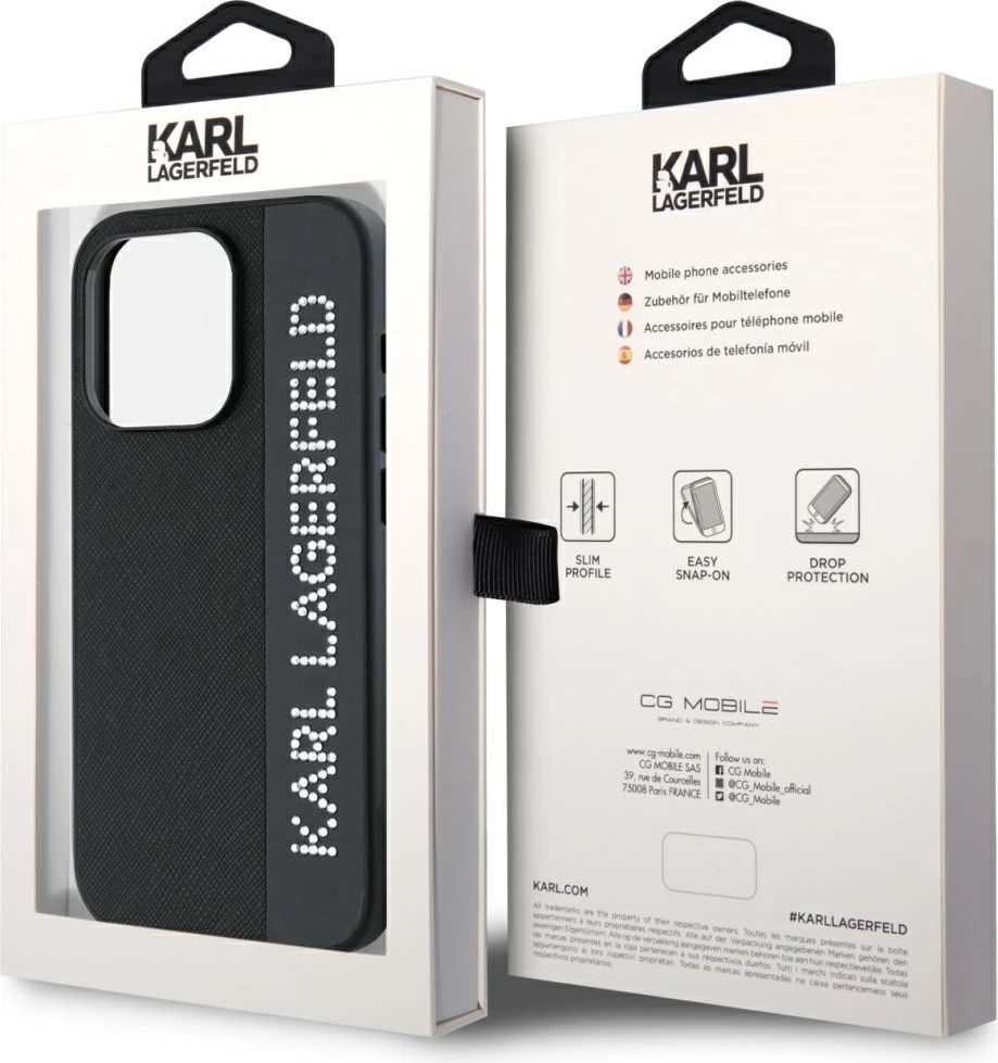 Mbështjellës Karl Lagerfeld Saffiano Rhinestones & Charm për iPhone 15 Pro Max, i zi